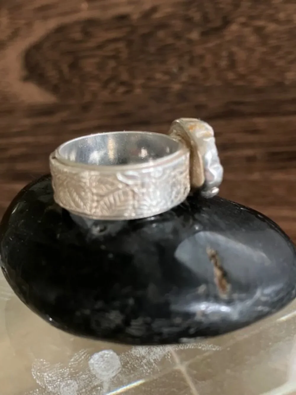 Artisan Rose and leafy band Ring in mixed metals